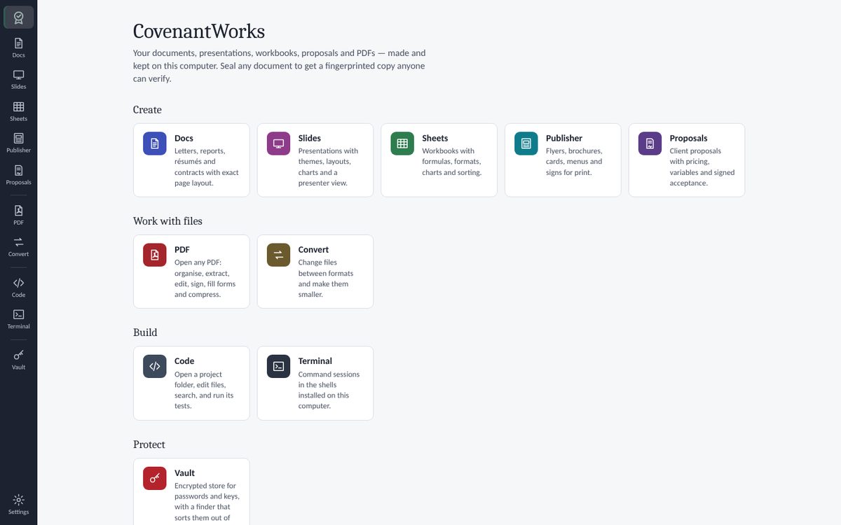 The CovenantWorks home screen listing the engines: Docs, Slides, Sheets, Publisher, Proposals, PDF, Convert, Code, Terminal and Vault
